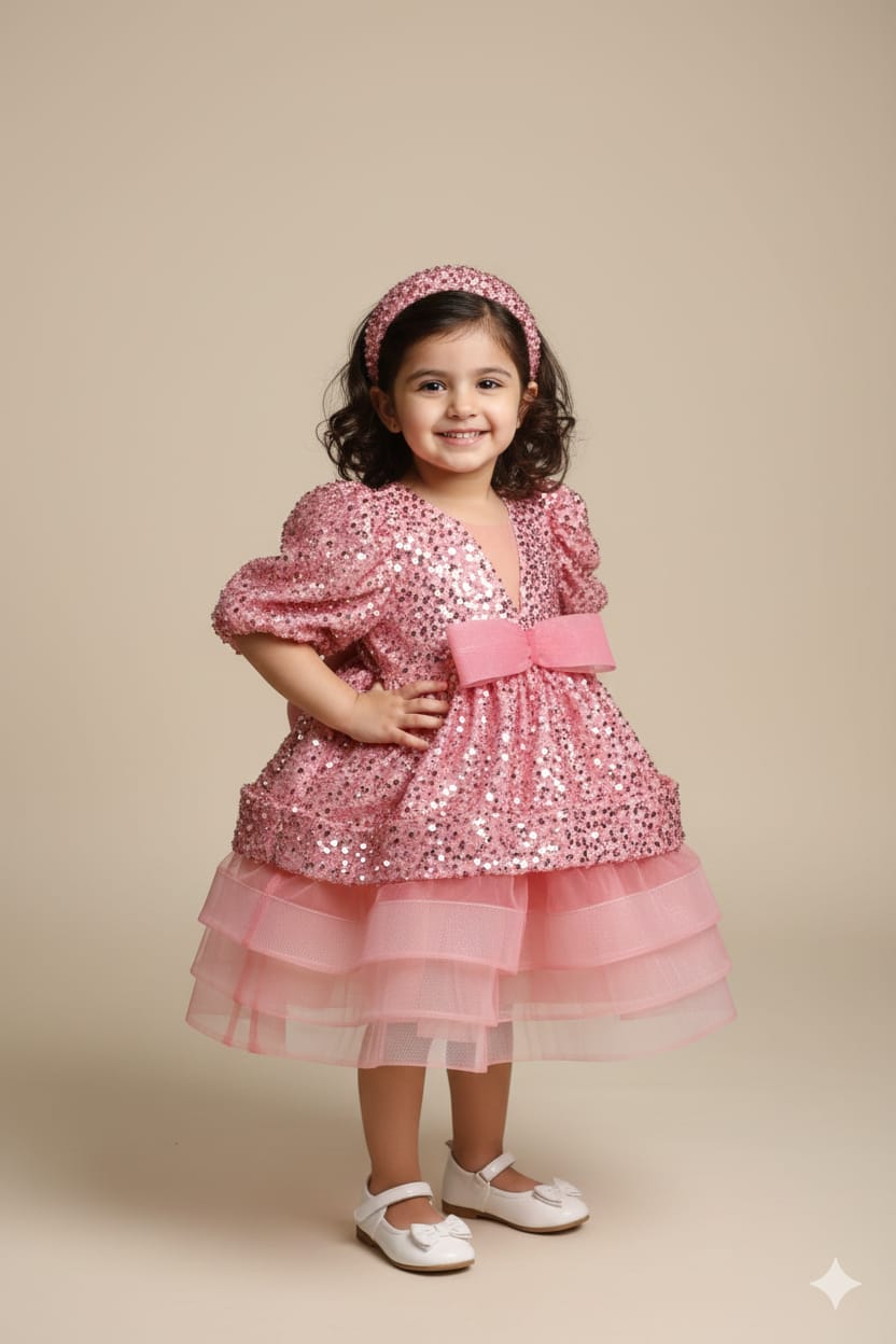 Sparkling Rose Pink Sequin Party Gown: Elegant Ruffled Princess Frock for Girls & Teens