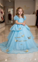 Sky Blue Birthday Gown for Girls | Butterfly Party Wear Frock