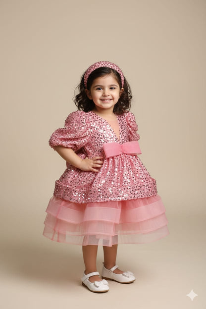 Sparkling Rose Pink Sequin Party Gown: Elegant Ruffled Princess Frock for Girls & Teens