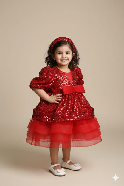 Sparkling Rose Pink Sequin Party Gown: Elegant Ruffled Princess Frock for Girls & Teens