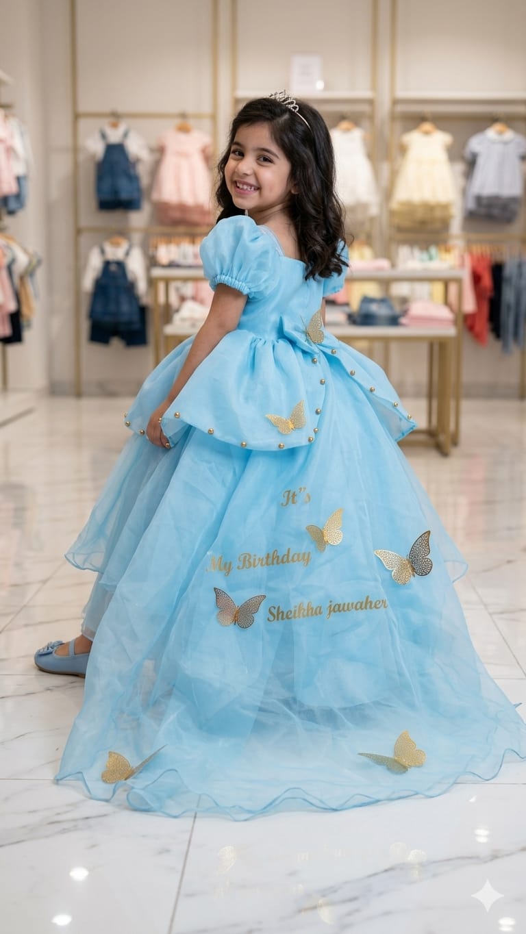 Sky Blue Birthday Gown for Girls | Butterfly Party Wear Frock
