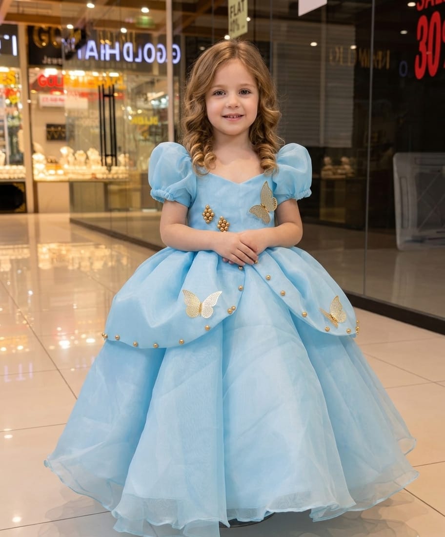Sky Blue Birthday Gown for Girls | Butterfly Party Wear Frock
