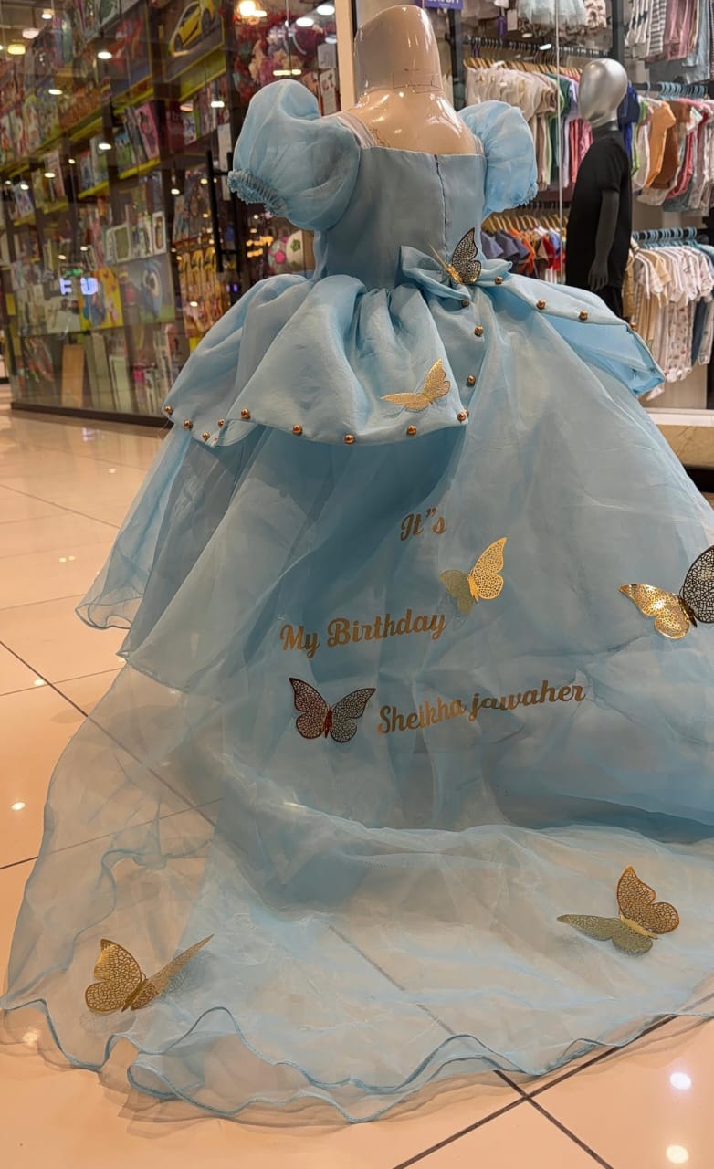 Sky Blue Birthday Gown for Girls | Butterfly Party Wear Frock